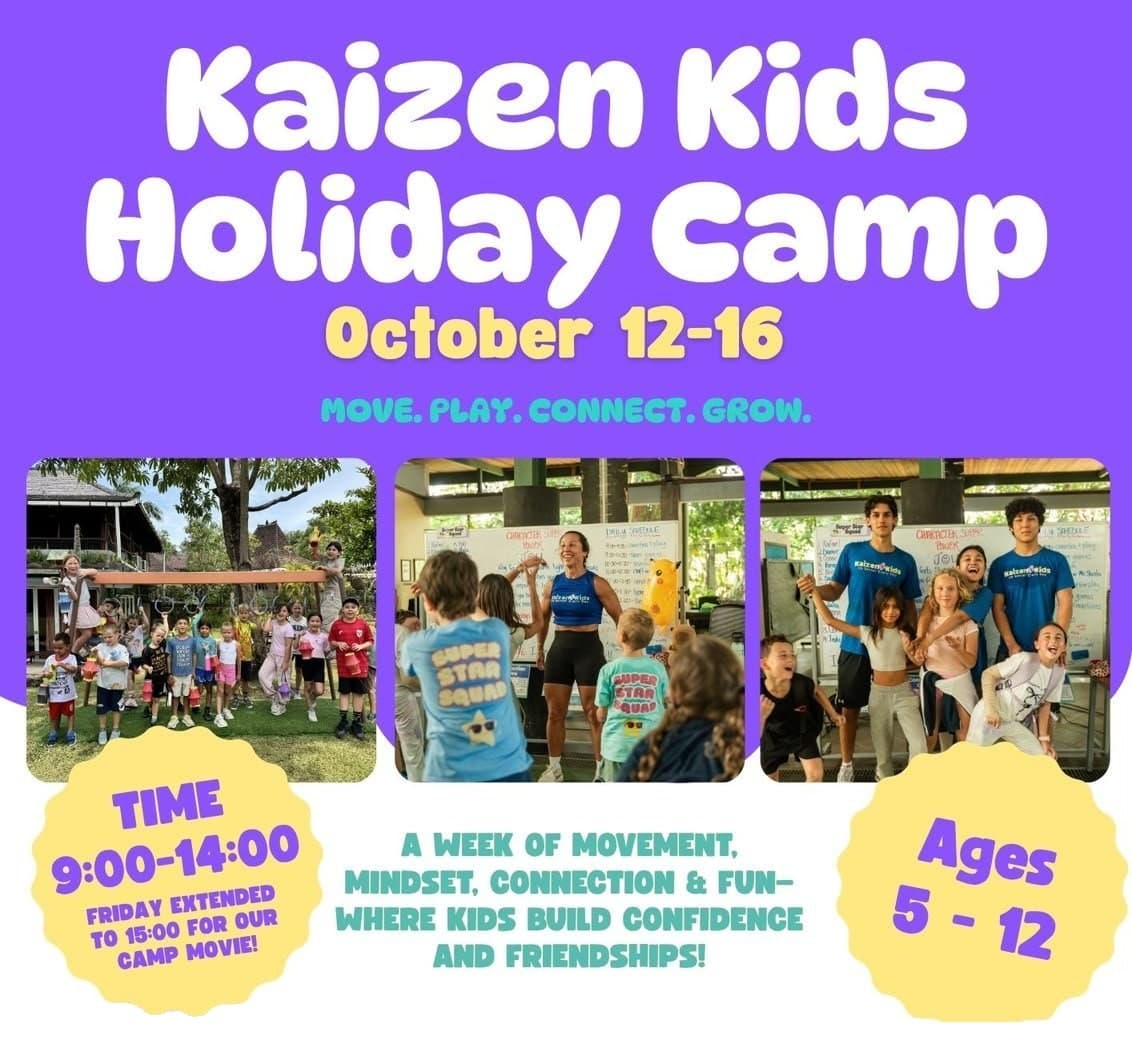 Kaizen Kids Holiday Camp flyer — Mon 12 – Fri 16 Oct 2026, 9:00–14:00 (Friday until 15:00), ages 5–12, Canggu Community School