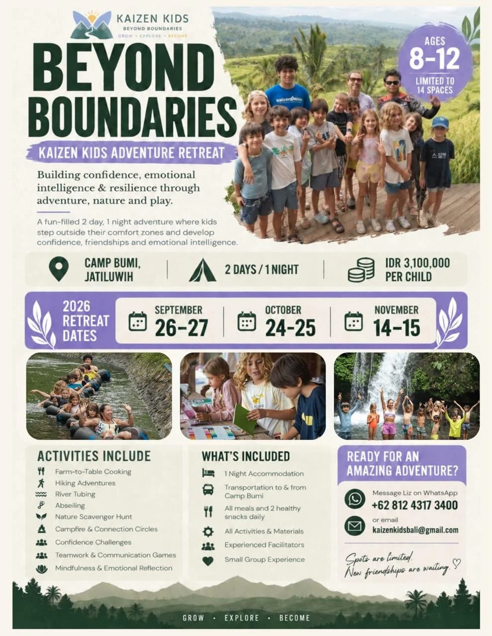 Beyond Boundaries — Kaizen Kids Adventure Retreat flyer: ages 8–12, Camp Bumi, Jatiluwih, 2 days / 1 night, Rp 3,100,000 per child